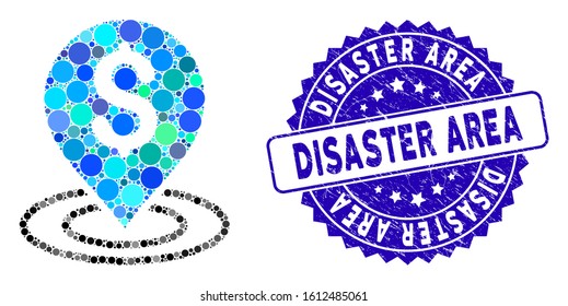 Mosaic dollar place icon and grunge stamp seal with Disaster Area caption. Mosaic vector is composed with dollar place icon and with randomized spheric items. Disaster Area seal uses blue color,