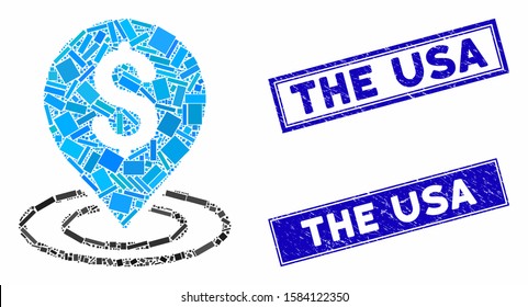 Mosaic dollar place pictogram and rectangle The USA seal stamps. Flat vector dollar place mosaic icon of random rotated rectangle elements. Blue The USA seal stamps with corroded surface.