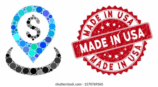 Mosaic dollar placement and corroded stamp seal with Made in USA caption. Mosaic vector is created with dollar placement icon and with scattered round elements. Made in USA seal uses red color,