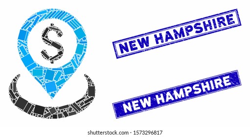 Mosaic dollar placement pictogram and rectangle New Hampshire stamps. Flat vector dollar placement mosaic pictogram of scattered rotated rectangle elements.