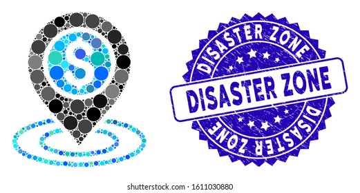Mosaic dollar position icon and grunge stamp seal with Disaster Zone phrase. Mosaic vector is composed from dollar position icon and with scattered circle spots. Disaster Zone seal uses blue color,