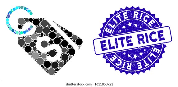 Mosaic dollar price tags icon and grunge stamp seal with Elite Rice phrase. Mosaic vector is created from dollar price tags icon and with random circle spots. Elite Rice stamp uses blue color,