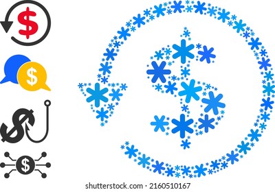 Mosaic dollar refund icon is organized for winter, New Year, Christmas. Dollar refund icon mosaic is constructed from light blue snow flakes. Some similar icons are added.