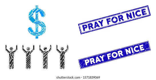 Mosaic dollar religion pictogram and rectangular Pray for Nice watermarks. Flat vector dollar religion mosaic pictogram of scattered rotated rectangular items.
