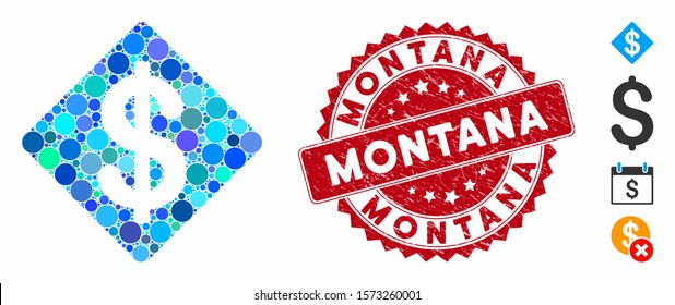 Mosaic dollar rhombus icon and grunge stamp seal with Montana phrase. Mosaic vector is designed with dollar rhombus icon and with random spheric elements. Montana stamp seal uses red color,