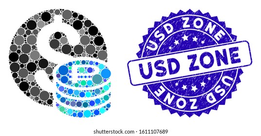 Mosaic dollar and rouble coins icon and distressed stamp watermark with USD Zone phrase. Mosaic vector is designed with dollar and rouble coins icon and with scattered spheric items.