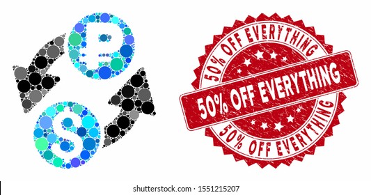 Mosaic dollar rouble exchange and corroded stamp seal with 50% Off Everything text. Mosaic vector is composed with dollar rouble exchange icon and with random round spots.