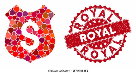 Mosaic dollar shield and grunge stamp seal with Royal text. Mosaic vector is designed from dollar shield icon and with scattered round items. Royal stamp uses red color, and grunge texture.
