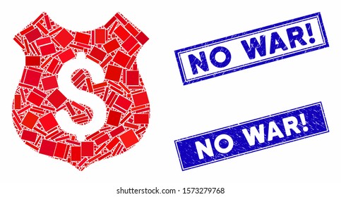 Mosaic dollar shield icon and rectangle No War! rubber prints. Flat vector dollar shield mosaic pictogram of random rotated rectangle elements. Blue No War! rubber seals with rubber surface.