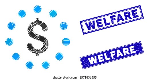 Mosaic dollar sign icon and rectangle Welfare rubber prints. Flat vector dollar sign mosaic icon of scattered rotated rectangle items. Blue Welfare seal stamps with corroded textures.