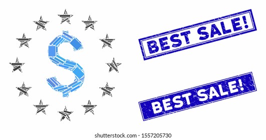Mosaic dollar stars pictogram and rectangle stamps. Flat vector dollar stars mosaic pictogram of scattered rotated rectangular elements. Blue caption rubber stamps with distress textures.
