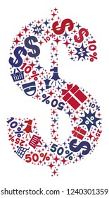 Mosaic dollar symbol designed with blue and red shopping symbols. Retail collage of mosaic dollar symbol icon. Flat design for shopping illustrations.