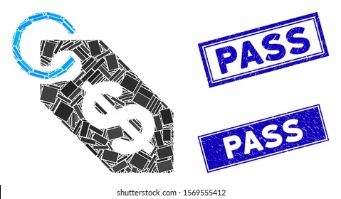 Mosaic dollar tag pictogram and rectangle rubber prints. Flat vector dollar tag mosaic icon of scattered rotated rectangle elements. Blue caption rubber stamps with scratched textures.