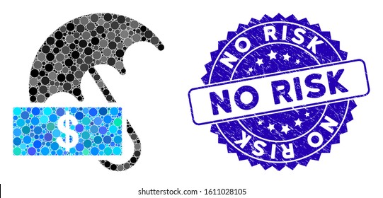 Mosaic dollar umbrella icon and rubber stamp watermark with No Risk caption. Mosaic vector is created with dollar umbrella icon and with random spheric spots. No Risk stamp seal uses blue color,