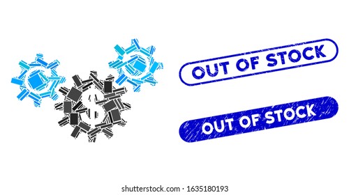 Mosaic dollar wheels rotation and distressed stamp seals with Out of Stock phrase. Mosaic vector dollar wheels rotation is designed with random rectangle items.