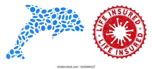 Mosaic dolphin icon and red round distressed stamp seal with Life Insured phrase and coronavirus symbol. Mosaic vector is composed with dolphin pictogram and with scattered ellipse items.