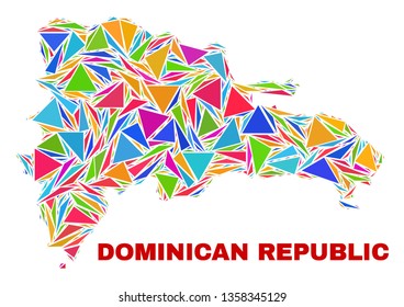 Mosaic Dominican Republic map of triangles in bright colors isolated on a white background. Triangular collage in shape of Dominican Republic map. Abstract design for patriotic purposes.