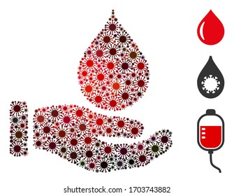 Mosaic donate blood constructed from flu virus icons in various sizes, red colors. Vector pathogen icons are organized into abstract mosaic donate blood icon. Some bonus icons are added.