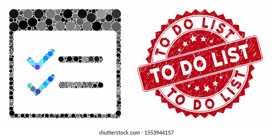 Mosaic done items calendar page and grunge stamp seal with To Do List text. Mosaic vector is composed with done items calendar page icon and with scattered round spots.