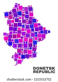 Mosaic Donetsk Republic map isolated on a white background. Vector geographic abstraction in pink and violet colors. Mosaic of Donetsk Republic map combined of random square elements.