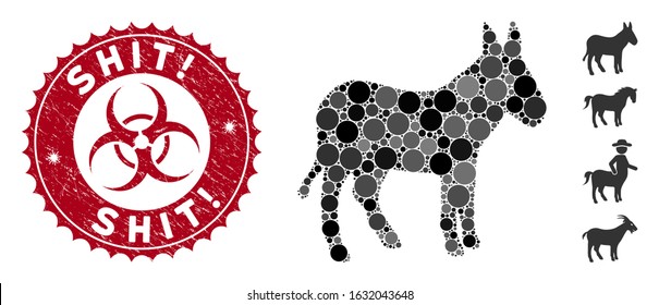 Mosaic donkey icon and rubber stamp watermark with Shit! phrase and biohazard symbol. Mosaic vector is formed with donkey pictogram and with random round spots. Shit! stamp uses red color,
