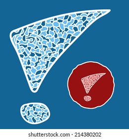 Mosaic doodle exclamation mark in blue and red variants