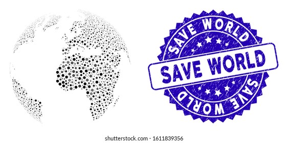Mosaic dotted abstract globe icon and distressed stamp seal with Save World text. Mosaic vector is designed with dotted abstract globe icon and with scattered round items.
