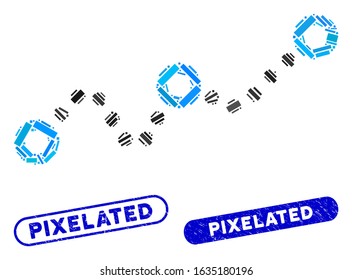 Mosaic dotted chart and corroded stamp seals with Pixelated caption. Mosaic vector dotted chart is formed with scattered rectangles. Pixelated stamp seals use blue color,