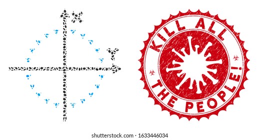 Mosaic dotted circle plot icon and red rounded grunge stamp watermark with Kill All the People! phrase and coronavirus symbol.