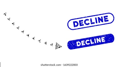Mosaic dotted decline trend and distressed stamp seals with Decline caption. Mosaic vector dotted decline trend is created with scattered ellipse spots. Decline stamp seals use blue color,