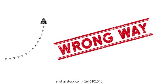 Mosaic dotted growth line icon and red Wrong Way seal stamp between double parallel lines. Flat vector dotted growth line mosaic icon of scattered rotated rectangular items.