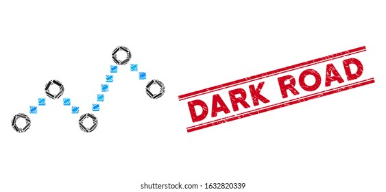 Mosaic dotted line icon and red Dark Road rubber print between double parallel lines. Flat vector dotted line mosaic icon of random rotated rectangular items.