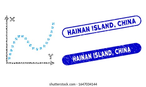 Soldadura con puntos mosaicos y sellos de goma con texto en la isla de Hainan, China. La parcela esparcida por vector mosaico se forma con puntos ovales dispersos. Las sellos de sellos de sello de la isla de Hainan, China, de color azul,