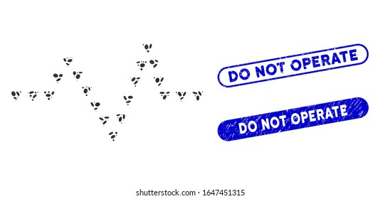 Mosaic dotted pulse and rubber stamp seals with Do Not Operate phrase. Mosaic vector dotted pulse is created with randomized oval items. Do Not Operate stamp seals use blue color,