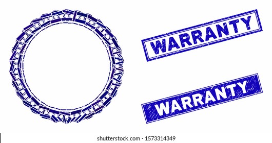 Mosaic dotted rosette circular frame icon and rectangular Warranty watermarks. Flat vector dotted rosette circular frame mosaic icon of random rotated rectangular elements.