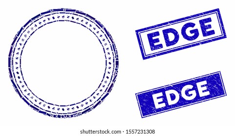 Mosaic dotted round frame icon and rectangle seal stamps. Flat vector dotted round frame mosaic pictogram of scattered rotated rectangle items. Blue caption seal stamps with distress surface.