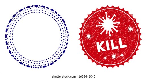 Mosaic dotted round frame icon and red rounded corroded stamp seal with Kill caption and coronavirus symbol. Mosaic vector is composed with dotted round frame icon and with randomized ellipse spots.