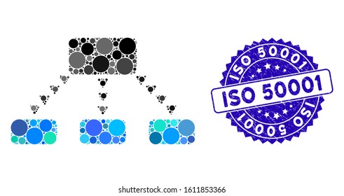 Mosaic dotted scheme icon and corroded stamp seal with ISO 50001 caption. Mosaic vector is created with dotted scheme pictogram and with random circle spots. ISO 50001 seal uses blue color,