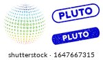 Mosaic dotted sphere surface abstraction and corroded stamp watermarks with Pluto phrase. Mosaic vector dotted sphere surface abstraction is formed with randomized oval spots.