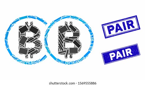 Mosaic double Bitcoin pictogram and rectangular watermarks. Flat vector double Bitcoin mosaic icon of randomized rotated rectangular items. Blue caption watermarks with dirty textures.