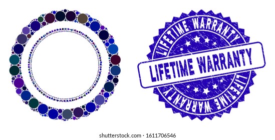 Mosaic double certificate rosette frame icon and corroded stamp seal with Lifetime Warranty phrase.