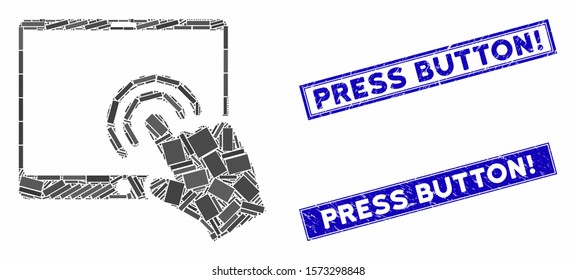 Mosaic double click tablet icon and rectangle Press Button! stamps. Flat vector double click tablet mosaic icon of random rotated rectangle items. Blue Press Button! watermarks with grunged surface.