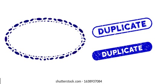 Mosaic double oval frame and rubber stamp seals with Duplicate caption. Mosaic vector double oval frame is composed with random elliptic parts. Duplicate stamp seals use blue color,