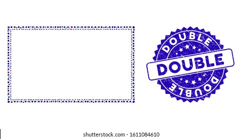 Mosaic double rectangle frame icon and distressed stamp watermark with Double text. Mosaic vector is created with double rectangle frame icon and with random circle spots.