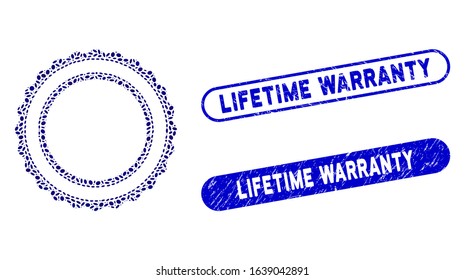 Mosaic double rosette circular frame and grunge stamp seals with Lifetime Warranty caption. Mosaic vector double rosette circular frame is composed with scattered oval pieces.