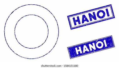 Mosaic double round frame pictogram and rectangular Hanoi rubber prints. Flat vector double round frame mosaic pictogram of scattered rotated rectangular elements.