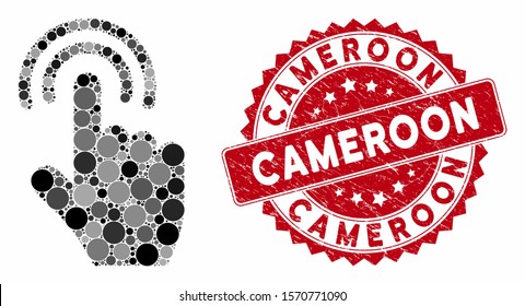 Mosaic double tap and rubber stamp watermark with Cameroon phrase. Mosaic vector is designed from double tap icon and with random spheric items. Cameroon stamp seal uses red color, and rubber surface.