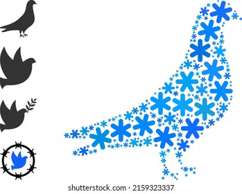 Mosaic dove icon is constructed for winter, New Year, Christmas. Dove icon mosaic is constructed of light blue snow parts. Some similar icons are added.