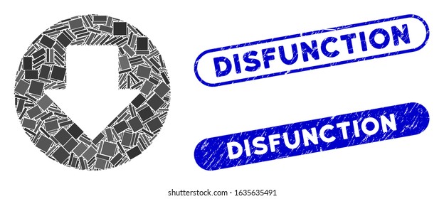 Mosaic down and grunge stamp seals with Disfunction text. Mosaic vector down is composed with randomized rectangle items. Disfunction stamp seals use blue color, and have round rectangle shape.