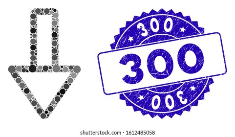 Mosaic down icon and rubber stamp seal with 300 phrase. Mosaic vector is created with down icon and with scattered spheric items. 300 stamp seal uses blue color, and distress texture.